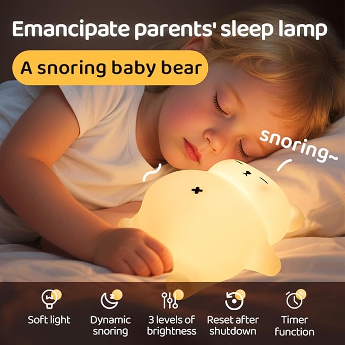 Sleeping Snoring Bear Night Light Nursery lamp for Kids,3-Level Dimmable,30Min Auto-Off Timer,Rechargeable Type-C, BPA-Free & Food-Grade Silicone for Kid Room Bedroom Decor Kids Gift