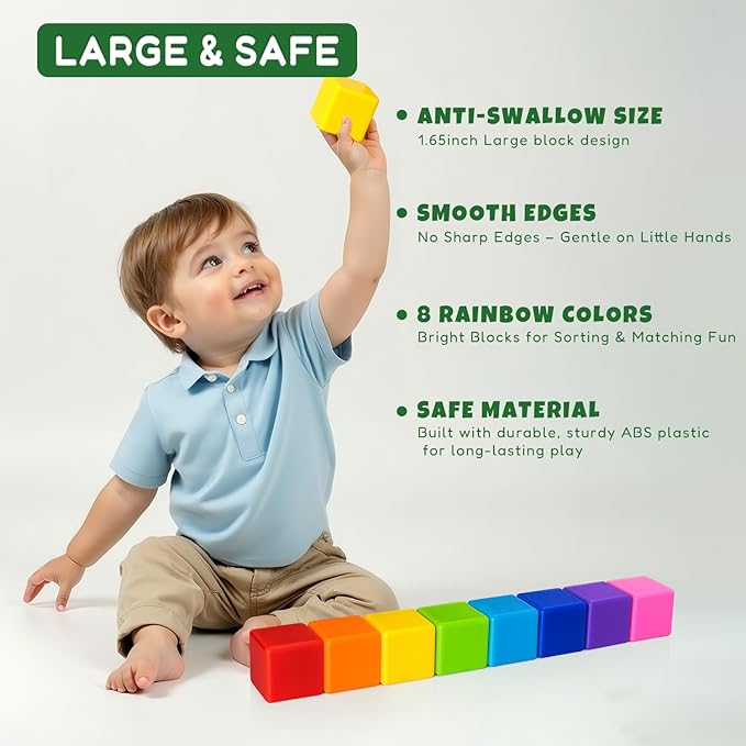 Magnetic Blocks, Large Magnetic Building Blocks for Toddlers, 1.65 Inch 3D Magnet Cubes in 8 Colors, Montessori & Sensory Stacking Toy Gift for Kids Ages 1-3 (16PCS)