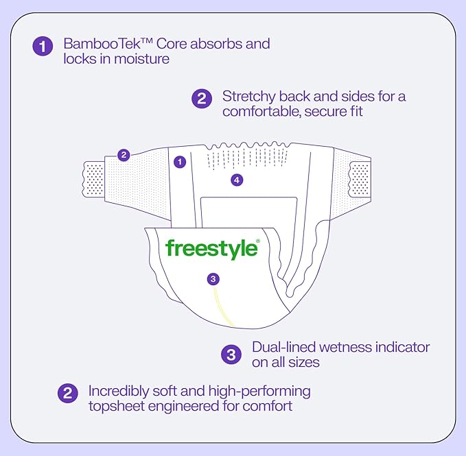 Freestyle BambooTek Diapers – (Size 4) Hyper Absorbent & Non-Toxic – Disposable Diapers for Sensitive Skin – Ultra Soft Diapers (22-37 lbs) – 144 Count