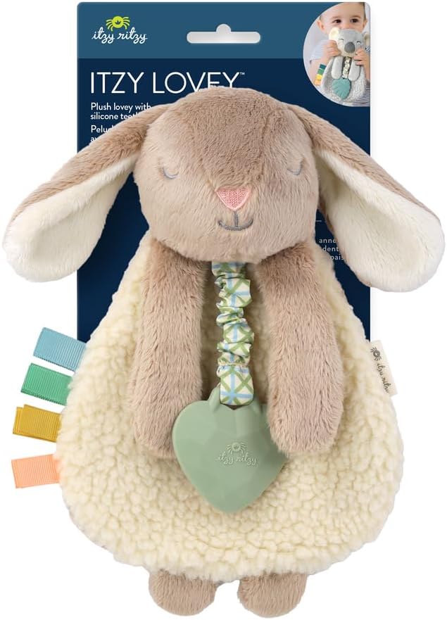 Itzy Ritzy - Itzy Lovey Including Teether - Baby Lovey with Teether, Textured Ribbons & Dangle Arms - Features Crinkle Sound, Sherpa Fabric and Minky Plush (Taupe Bunny)