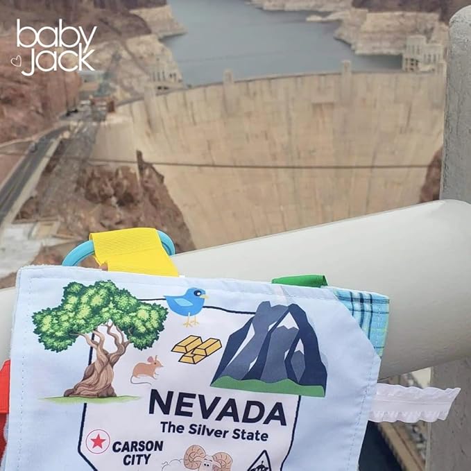 Baby Jack & Co 8x8” Learning Lovey Nevada State Tag Stroller Toy for Babies - Crinkle Toys for Developing Five Senses - Learn About Capitals - Travel with Baby Jack - BPA Free Clip