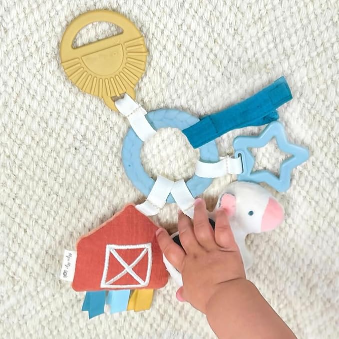 Itzy Ritzy Teething Activity Toy - Bitzy Busy Ring Infant Teething Toy Features Braided Ring & Dangling Toys, Includes Teether, Textured Ribbons, Crinkle Sound & Jingle Bell - 0 Months & Up (Farm)