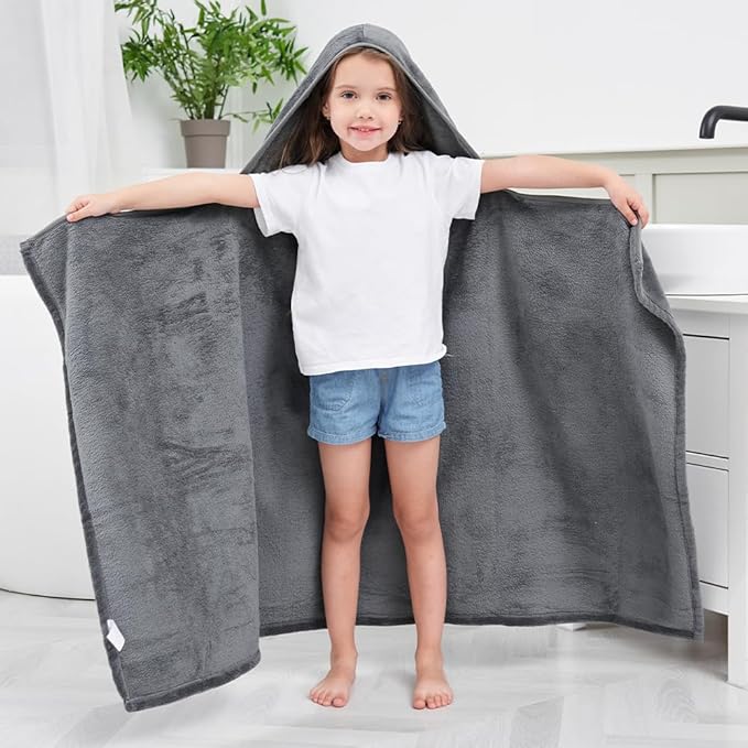 Hiturbo Kids Fleece Hooded Bath Towel: Soft Plush Pool Beach Towel Blanket - 50"x30" Toddler Towels Wrap for Boys Girls 3-12 Years (Gray)