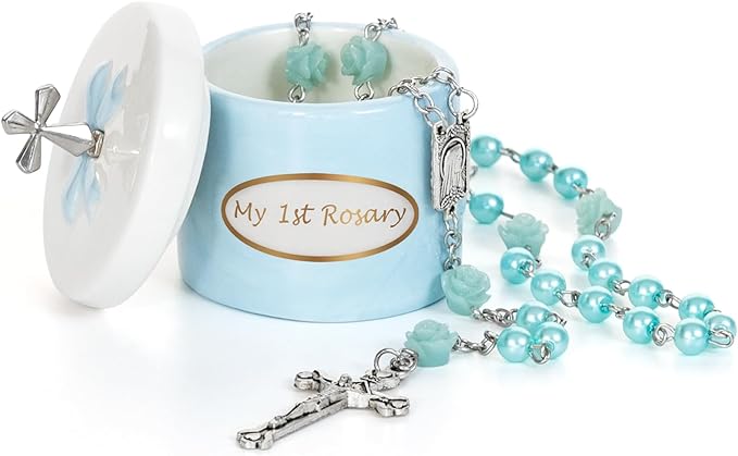 My First Blue Rosary and Keepsake Box, Catholic Baptism Gift for Baby Boy, Christening Set from Godparents, First Communion Rosary, Baby Shower Keepsake Box, Religious Boy Baptism Gifts