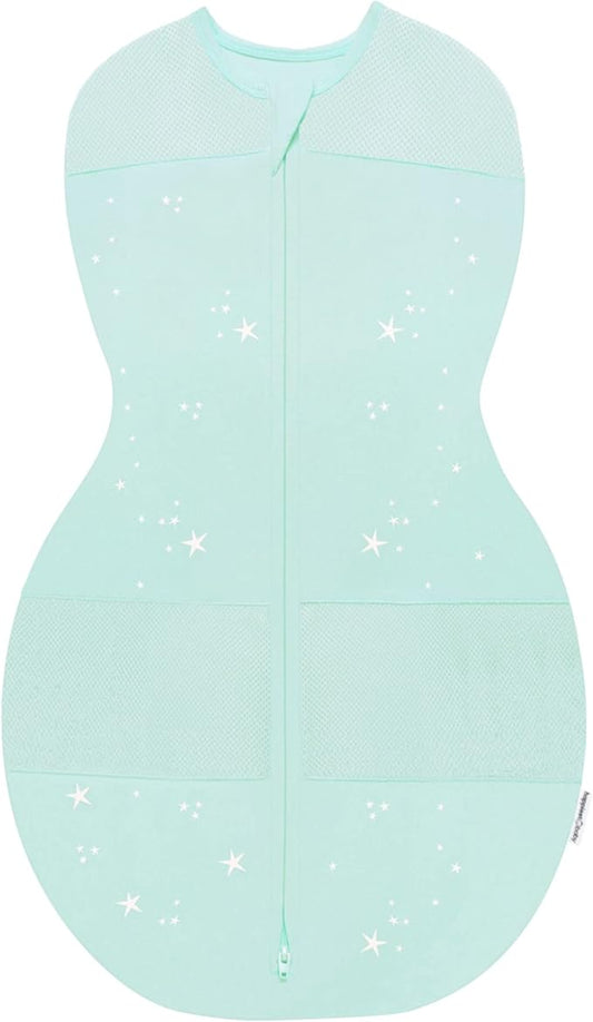Happiest Baby Sleepea 5-Second Swaddle - 100% Organic Cotton Baby Swaddle Blanket - Doctor Designed Promotes Healthy Hip Development (Teal Stars, Small)