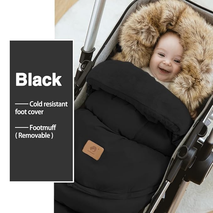 Fairy Baby Winter Cold Universal Stroller Bunting Bag for Baby Toddler-Waterproof Windproof Car Seat Cover Stroller Footmuff - Dog Outdoor Sleeping Bag with Oversized Fur Collar (Black)