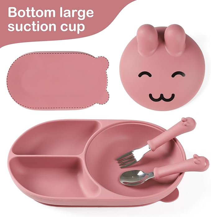 Silicone Baby Plate ,Toddler plates,Self-feeding of infants after weaning , 100% Food Grade Silicone, BPA Free, Including Fork and Spoon, Baby Plates With Suction, Divided Plate for Babies (pink)