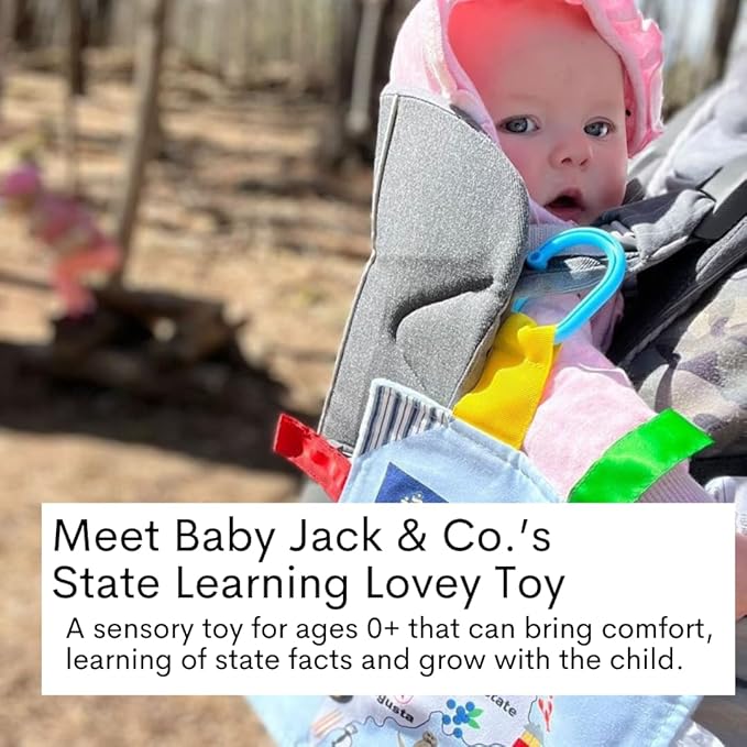 Baby Jack & Co 8x8” Learning Lovey Alabama State Tag Stroller Toy for Babies - Crinkle Toys for Developing Five Senses - Learn About Capitals - Travel with Baby Jack - BPA Free Clip