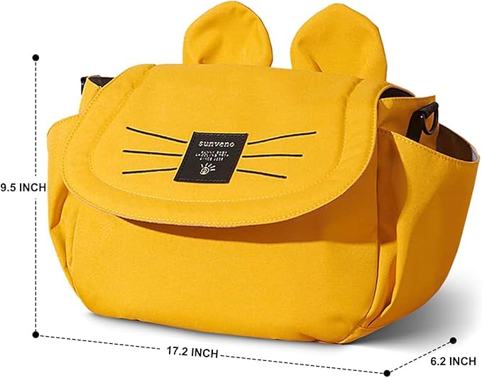 SUNVENO Kitty Stroller Organizer Bag – Universal Baby Stroller Caddy with 2 Cup Holders, Adjustable Straps, Waterproof Oxford, Lightweight Travel Accessory for Strollers, Prams & Pushchairs,Yellow