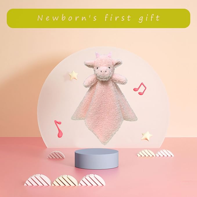 Baby Pink Dragon Soft Stuffed Animal Security Blanket, Plush Dinosaur Character Lovey Blanket, Baby Shower/Nursery Gift, Newborn Infant Toddler Snuggle Blankie for Boys Girls, 14 Inches