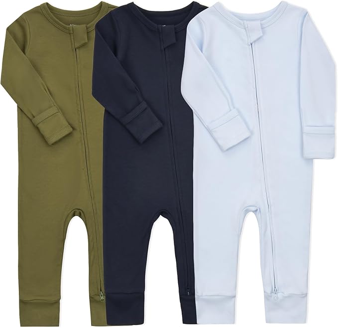 Aablexema Baby Cotton Fooltess Pajamas with Mitten, 3-pack Infant Romper Zip Up One Piece Jumpsuits Outfit