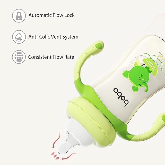 YOHKOH Natural PPSU Baby Bottle with Natural Response Nipple, Newborn Anti-Colic Baby Bottles with Handle, Wide Neck Mushroom Cap Baby Bottle (8.8oz (Pack of 4), Green)