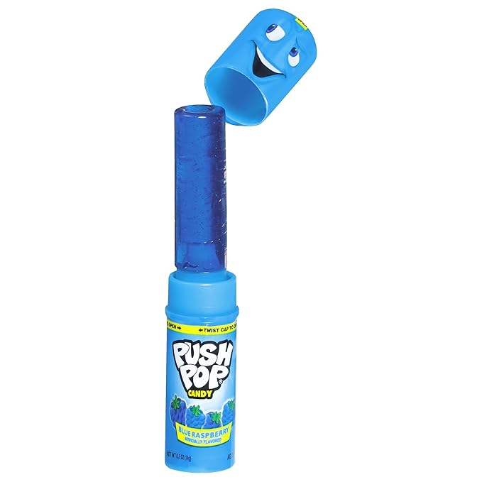 Push Pop Blue Candy Lollipops, 10 Ct Individually Wrapped in Blue Raspberry Flavor, Full Size, Fun Hard Candy Lollipops For Party Favors, Birthday Parties, Goodie Bags, Fun Gifts