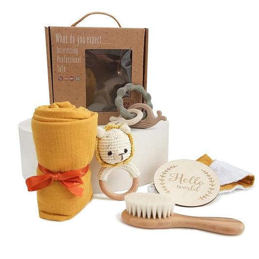 Baby Boy Gift Set New Born Shower Gifts, Baby Essentials Basket Stuffers Baby Bath Set with Muslin Baby Blanket, Teething Toys, Drool Towel, Wood Brush & Rattle, Newborn Welcome Baby Gift Box Set