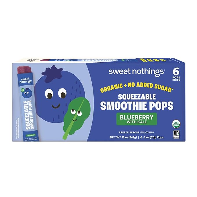 Sweet Nothings, Blueberry, USDA Organic Kids' Squeezable Super Fruit Smoothie Freezie Pops, Value Pack of 24 - Dye-Free, No Added Sugar, Dairy-Free, Vegan, Healthy Organic Fruit and Veggie Pops, Freeze & Enjoy