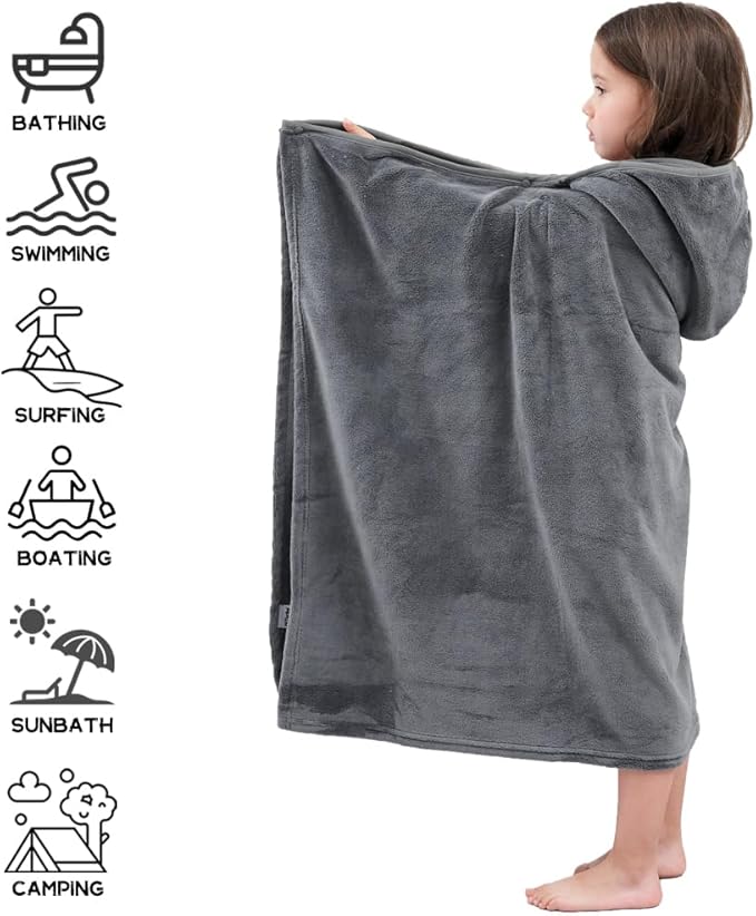 Hiturbo Kids Fleece Hooded Bath Towel: Soft Plush Pool Beach Towel Blanket - 50"x30" Toddler Towels Wrap for Boys Girls 3-12 Years (Gray)