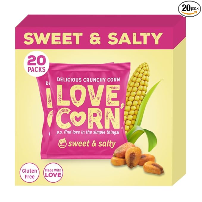 LOVE CORN Sweet & Salty 0.7oz x 20 bags - Delicious Crunchy Corn - Healthy Family Snacks - Gluten Free, Kosher, NON-GMO - Alternative for Chips, Nuts, Crackers & Pretzels - Perfect for Charcuterie Boards