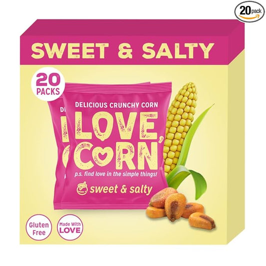 LOVE CORN Sweet & Salty 0.7oz x 20 bags - Delicious Crunchy Corn - Healthy Family Snacks - Gluten Free, Kosher, NON-GMO - Alternative for Chips, Nuts, Crackers & Pretzels - Perfect for Charcuterie Boards