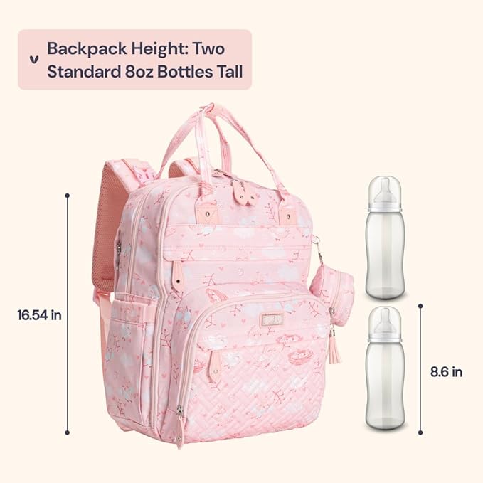 BabbleRoo Diaper Bag Backpack - Baby Essentials Travel Tote - Multi Function Water Resistant Diaper Bag, Travel Essentials Baby Bag with Changing Pad, Stroller Straps & Pacifier Case - Pink Birdy