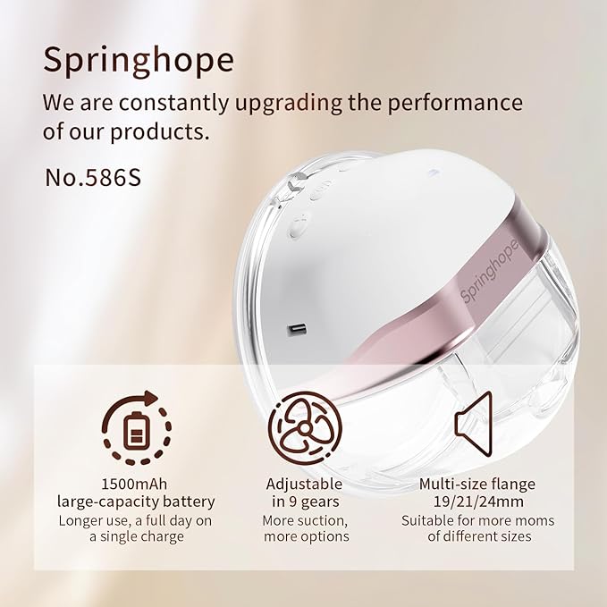 Springhope No.586S Wearable Breastfeeding Pump Hands Free with 4 Modes & 9 Levels Strong Suction Adjustment, Electric Breast Pump Wireless 28/24/21/19 mm Flange, Portable & Cordless, 5 oz, 2Pcs