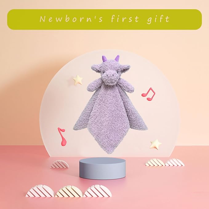 Baby Purple Dragon Soft Stuffed Animal Security Blanket, Plush Dinosaur Character Lovey Blanket, Baby Shower/Nursery Gift, Newborn Infant Toddler Snuggle Blankie for Boys Girls, 14 Inches
