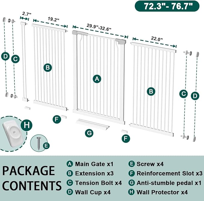 Fairy Baby 40.5" Extra Tall Baby Gate, 72.3"-76.7" Extra Wide Long Pet Gate, Metal Auto Close Safety Child Gate Indoor, Pressure Mounted Dog Gate No Climb Fence for Stairs Doorways Kid or Pet, White