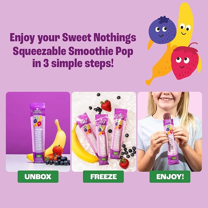 Sweet Nothings, Banana Berry, USDA Organic Kids' Squeezable Fruit Smoothie Popsicle Pops, Value Pack of 24 - Dye-Free, No Added Sugar, Dairy-Free, Vegan, Healthy Organic Fruit Pops, Freeze & Enjoy