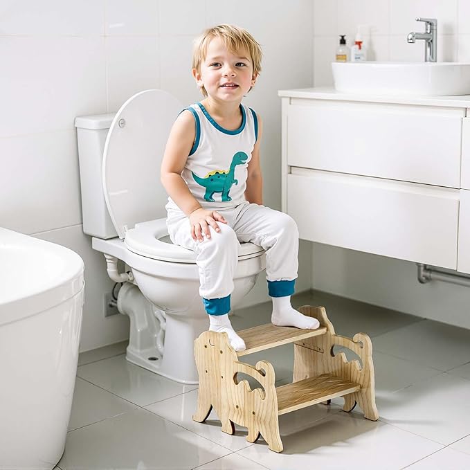 COSYLAND Toddler Step Stool for Bathroom Sink - Height Adjustable 2 Step Stool for Kids - Lovely Cat Style Wooden Potty Training Stool with Handles for Bathroom, Kitchen, Bedroom (Natural)