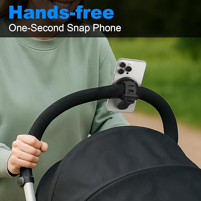 Stroller Phone Holder Universal Phone Holder for Stroller Strong magnetic phone holder with adjustable strap, stable and safe, compatible with fitness equipment, strollers, shopping carts, Black