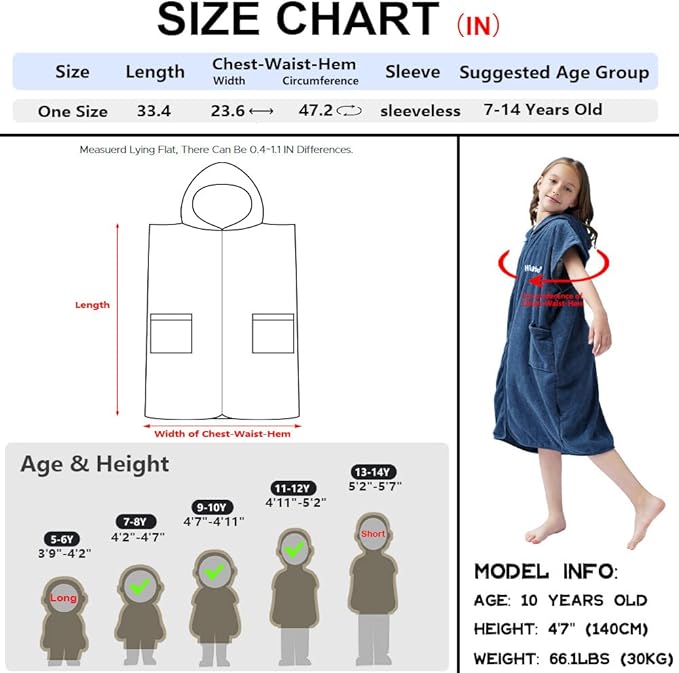 Hiturbo Kids Bath Towel Hoodie: Absorbent Quick Dry Zipper Surf Poncho - Changing Towels Swimming Outerwear (Navy)