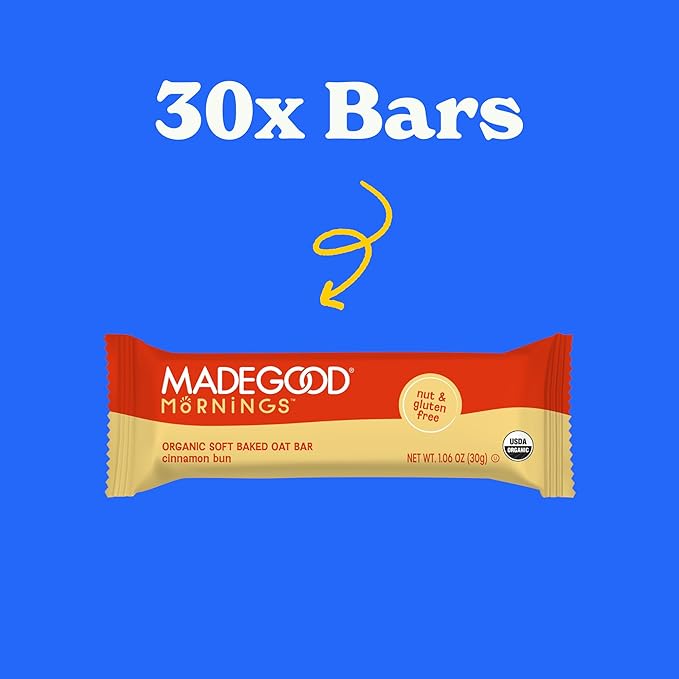 MadeGood Mornings Soft Baked Breakfast Bars, Cinnamon Bun 1.06 Oz (30 Count) Gluten Free Snacks
