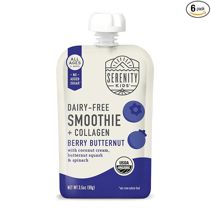 Serenity Kids 6+ Months Dairy Free Smoothie Baby Food - USDA Organic - Grass Fed Collagen Protein - 3.5 Ounce BPA-Free Pouch - Berry Butternut Protein Smoothie Baby Pouches - 6 Count