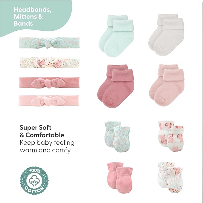 The Peanutshell Baby Layette Gift Set for Girls - 30 Piece New Born Girl Gift Set, Baby Clothes, 0-9 Months - Floral Elephant