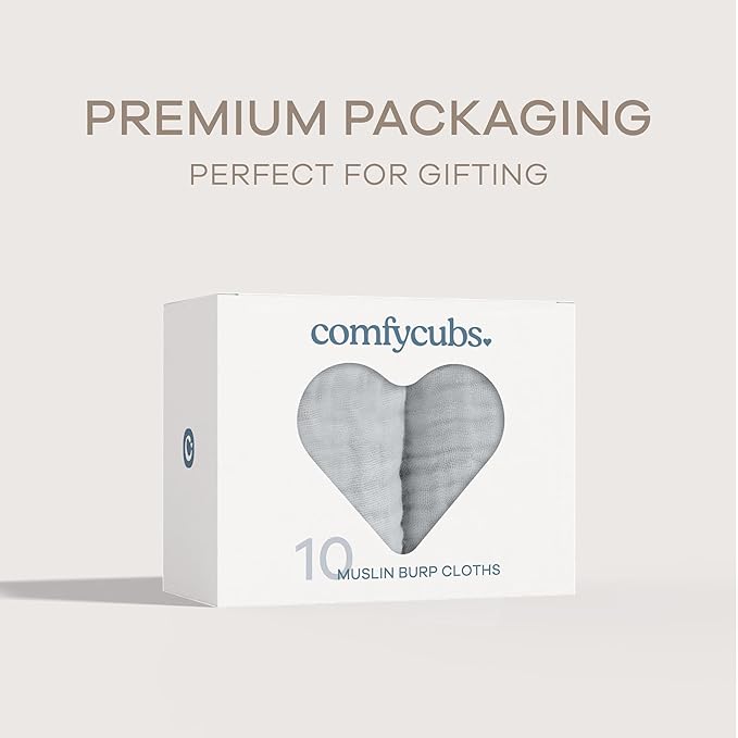 Comfy Cubs Muslin Burp Cloths 20" x 10", Pack of 10 - Large, 6-Layer, Ultra Absorbent 100% Cotton for Baby Drool and Messes - Soft, Safe & Gentle Baby Burp Cloths for Boys & Girls - Heather Blue