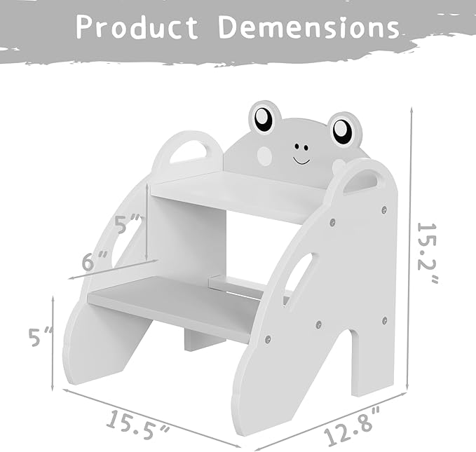 Frog-Themed Toddler Step Stool, 2-Step Stool for Bathroom Sink & Potty Training, Kids Kitchen Helper Stool with Safety Handles (Natural Wood, 120lbs Capacity),Gray