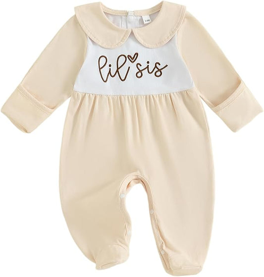 Newborn Baby Girl Footed Romper Onesie Little Sister Embroidery Fall Clothes Coming Home Outfit Vintage Jumpsuit