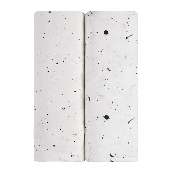 Ely’s & Co. Bassinet Sheets, Baby Boy/Girl Fitted Bassinet Mattress Sheet Set - 2 Pack, 100% Jersey Knit Cotton, fits Oval, Hourglass and Rectangle Mattress, Black and White Celestial, 32”x16”x3”