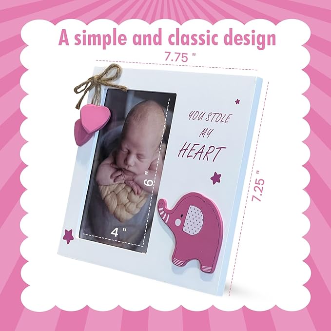 Baby Girl You Stole My Heart Wooden Newborn Picture Frame | Perfect for Baby Shower, Pregnancy Gift, Mom & Grandma Gifts | Fits 4 x 6 Pic (Pink)