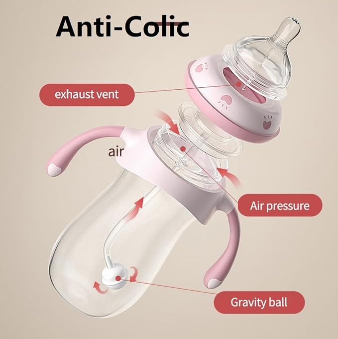 Baby Bottles, Weighted Straw Toddler Milk Bottles with Non-Slip Handle, Size + Variable Fast Flow, 12+ Months, BPA-Free, Pink/1Pack/9oz