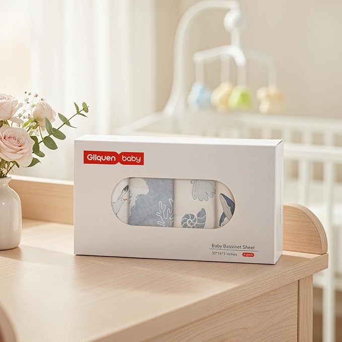 Gllquen Baby Bassinet Sheets 4 Pack, Breathable Cozy Fitted Mattress Sheet, Elastic Travel Crib Fashionable Pattern, Standard Cradle Safe Sheets for Baby Boys Girls 32"x16"(Ocean Wander)