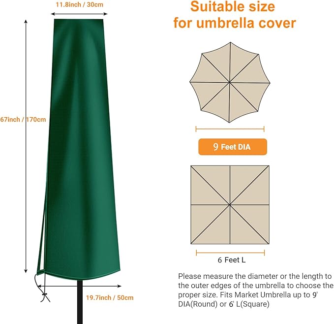 OKPOW Umbrella Covers for Outdoor Umbrellas - Small Patio Umbrella Cover for 6 ft to 9 ft Outdoor Table Umbrella - Waterproof Windproof Anti-UV Garden Parasol Covers, Green