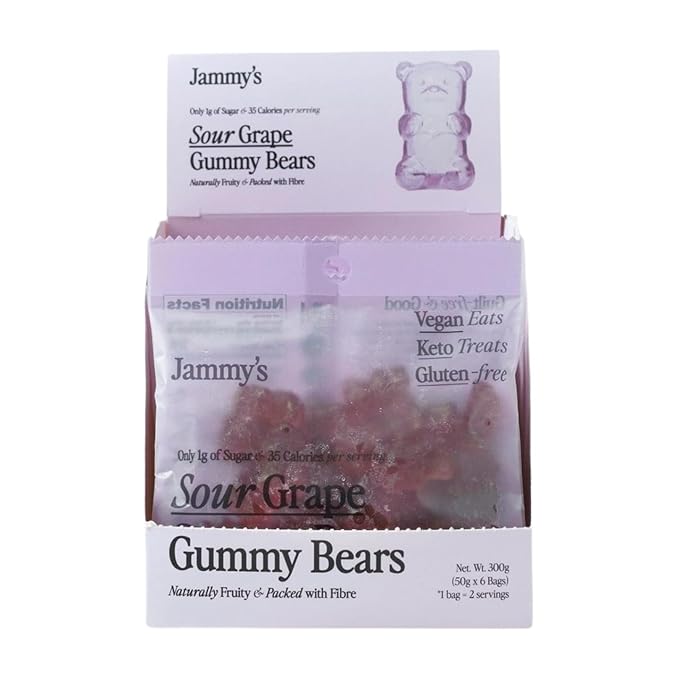 Jammy's™ - Sour Grape Gummy Bears | Sugar-Free & Vegan-Friendly | Keto-Friendly, Gluten-Free, Low Carb, High Fibre & Naturally Fruity | Delicious, Soft & Chewy | Box of 6 x 50g Bags