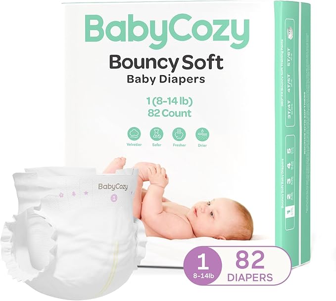 Babycozy Boucy Newborn Diapers for Sensitive Skin, Hypoallergenic Disposable Plain White Diapers Without Chlorine, Soft Diaper for Baby&Infant&Preemie, Size 1(8-14lb) 82 Count