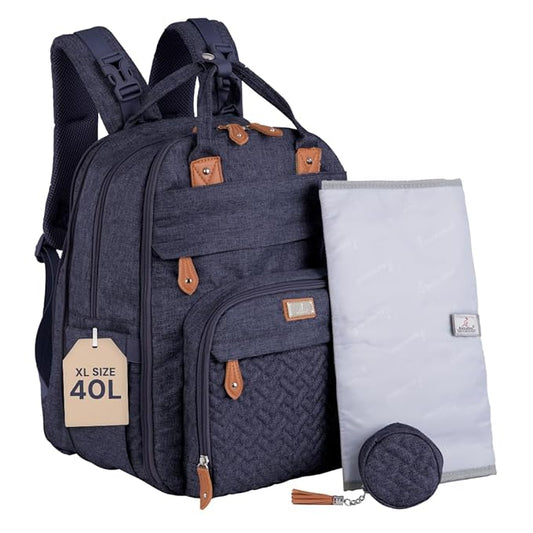 BabbleRoo Extra Large Diaper Bag Backpack, Expandable Baby Bag with Up to 50% More Capacity - Travel Essentials Baby Bag Tote with Changing Pad, Stroller Straps & Pacifier Case - Unisex, Denim Blue