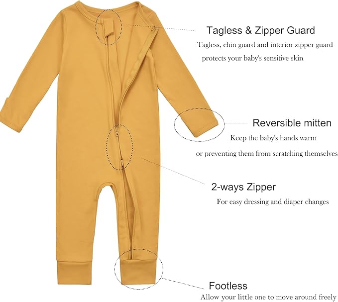Aablexema Baby Cotton Fooltess Pajamas with Mitten, 3-pack Infant Romper Zip Up One Piece Jumpsuits Outfit