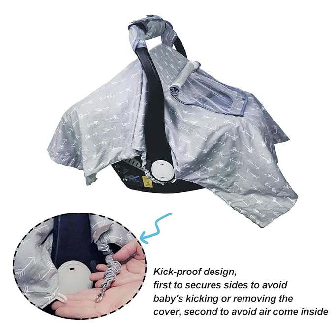Car seat Covers for Babies boy Girl, Carseat Canopy for Newborn Carrier, 2 Layers Windows of mesh/Fabric, No Shifting on Carrier Handle, Handle Cushion, Cotton & Grey Minky
