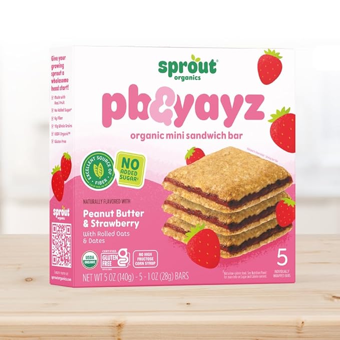 Sprout Organics, PB & Yayz Toddler Snack Bars, Peanut Butter & Strawberry, 5 Individual Bars 1.02 oz Each (6-boxes)