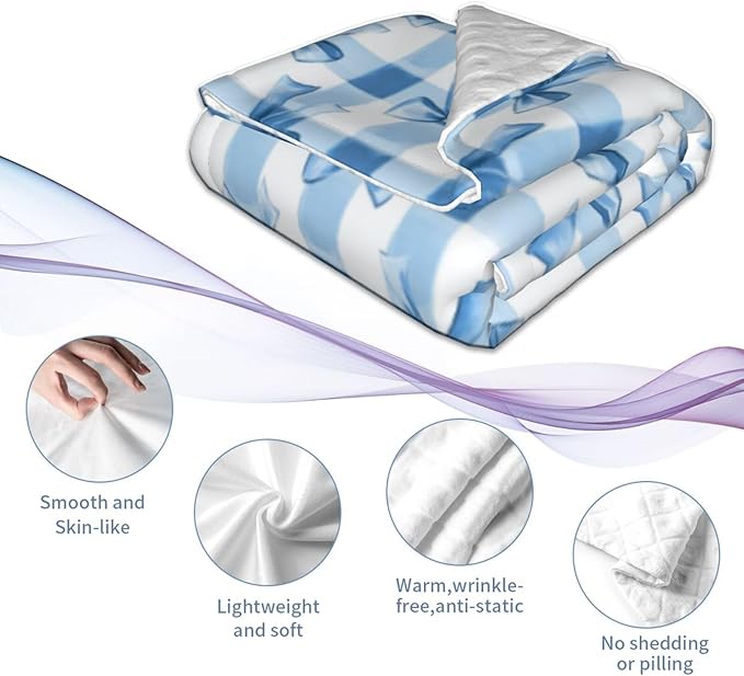 Baby Blanket Blue Bows Check for Boy Girl Newborn 30x40 Inch Toddler Infant Nursery Throw Blankets Double Layer Comfy Soft Plush Stroller Crib Quilt