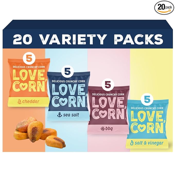 LOVE CORN Family Favorite - Sea Salt, BBQ, Salt & Vinegar, Cheddar 0.7oz x 20 - Delicious Crunchy Corn - Healthy Family Snacks - Gluten Free, NON-GMO - Alternative for Chips, Nuts, Crackers & Pretzels