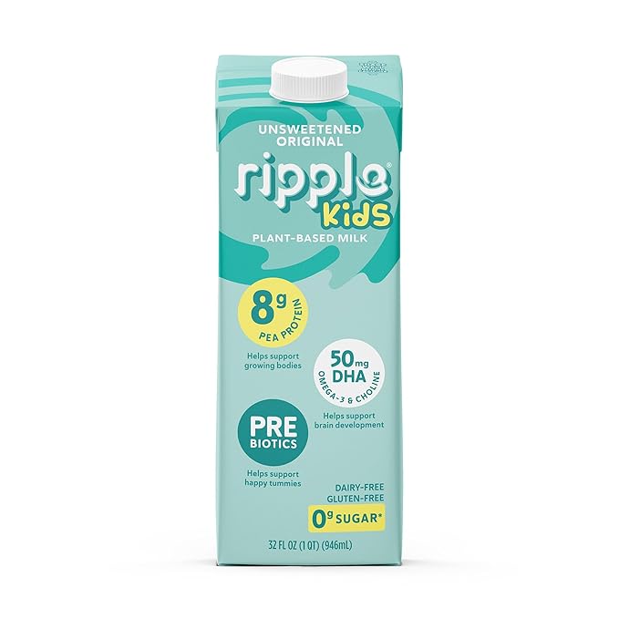 Ripple Kids Unsweetened Plant Based Milk | Pediatrician Recommended | 8g of Pea Protein | Shelf Stable | Vegan & Non GMO | Dairy, Soy, Nut, Gluten, & Lactose Free | 32 Fl Oz Cartons (Pack of 6)